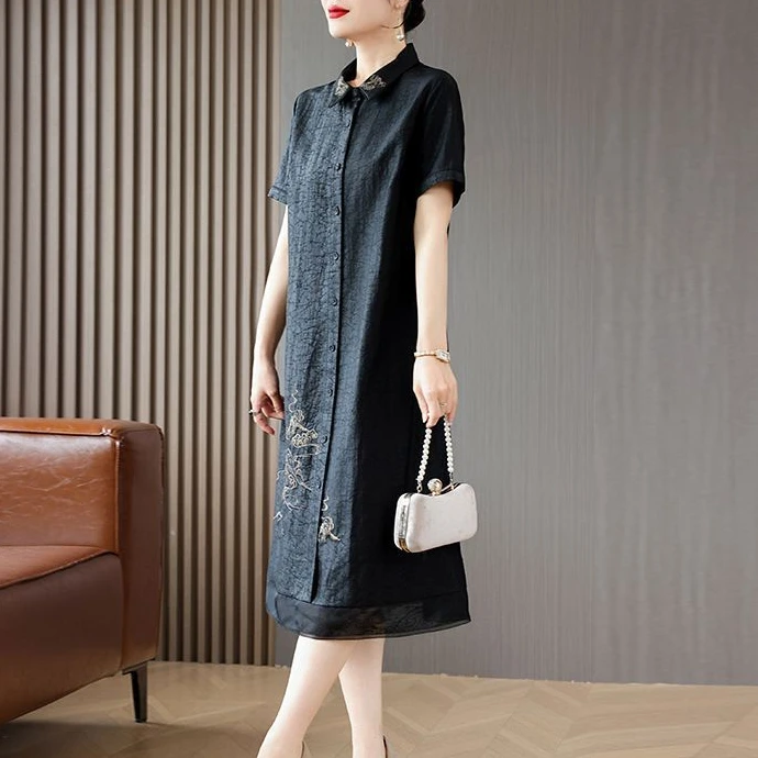 夏季气质中年妈妈短袖连衣裙款2025龟裂纹国风裙子新中式高端旗袍