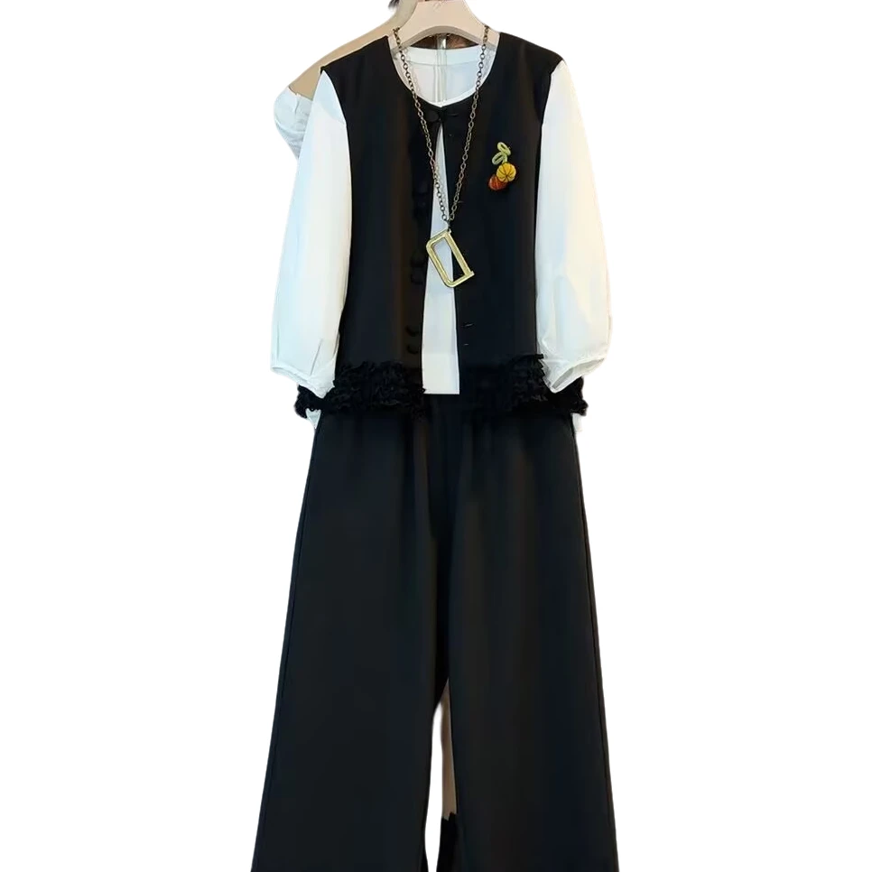 大维罗依JJ欧洲站秋款衬衫木耳边马甲洋气三件套