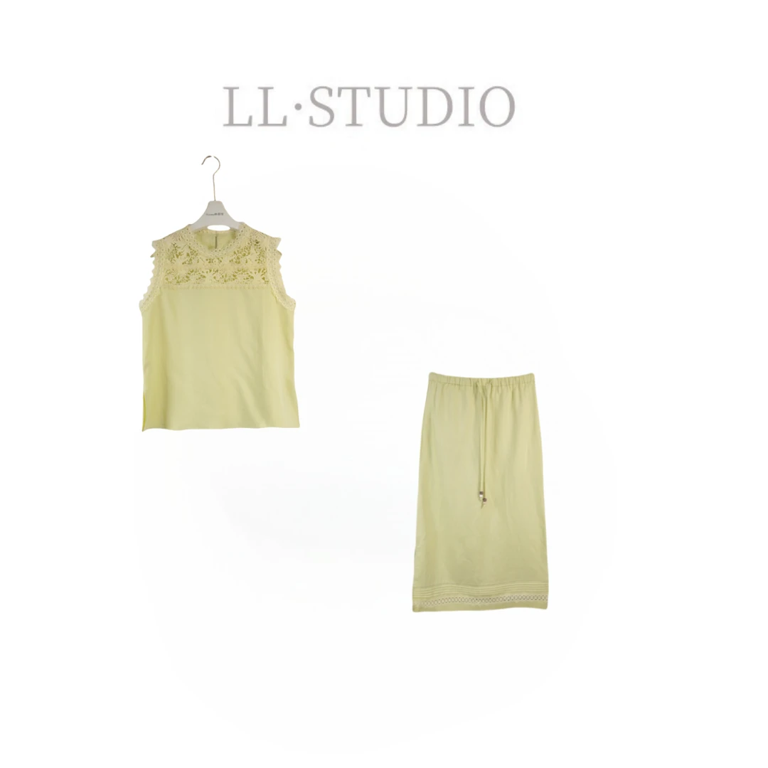 妙兮·LL夏季新款韩系简约设计款蕾丝镂空上衣+裙子套装*20250644