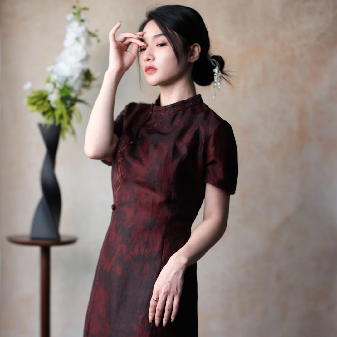 CHEN HENG 年轻妈妈夏装桑蚕咝花罗香云纱条纹旗袍连衣裙女
