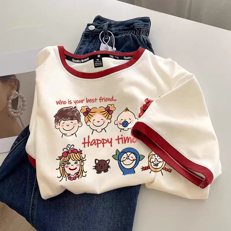 夏季新款女童短袖纯棉撞色上衣宽松休闲2025新款圆领儿童T恤韩版