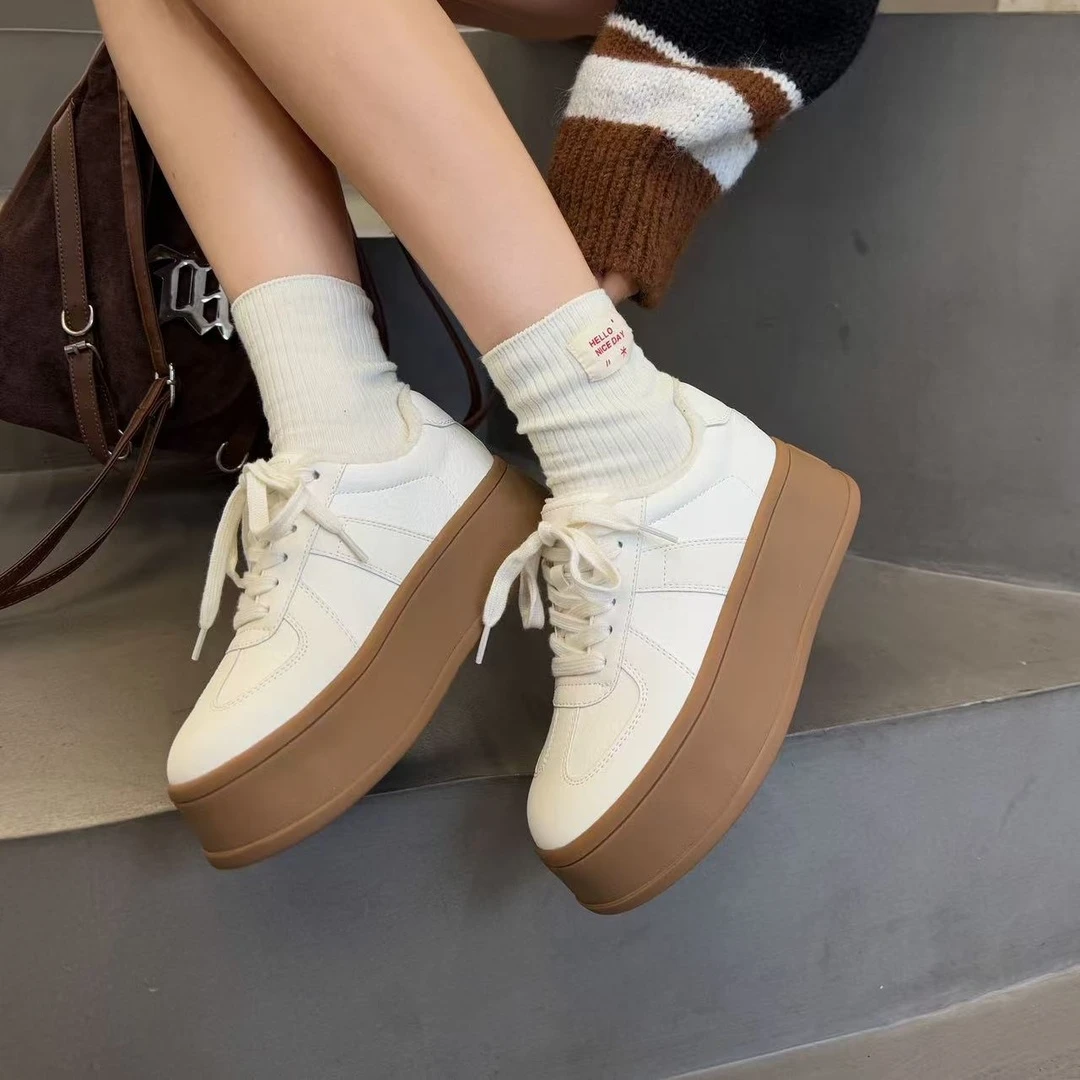玳妮【半糖小白鞋】春季圆头拼接厚底德训鞋皮面时尚撞色低帮休闲鞋