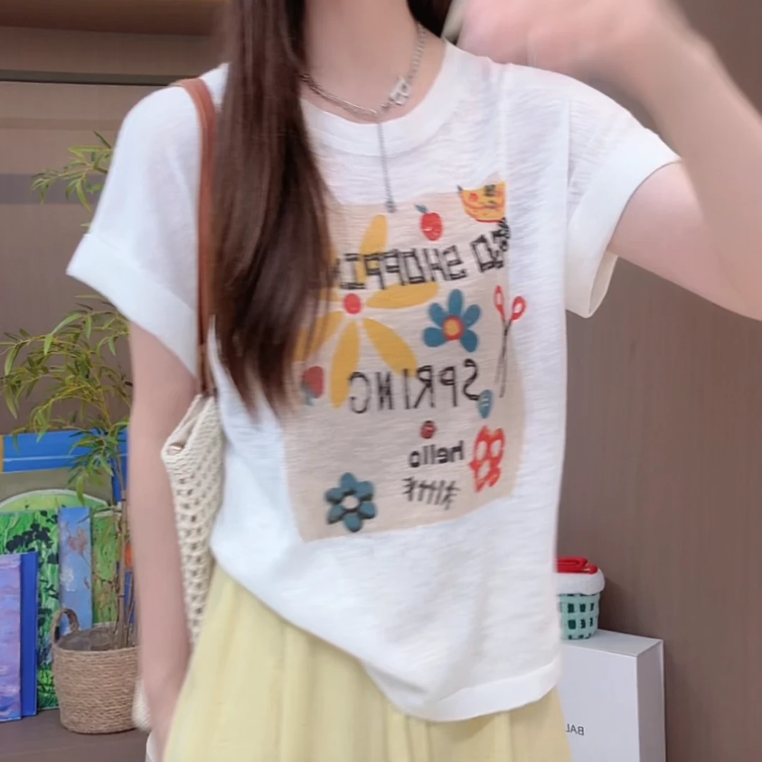 设计感时尚宽松显瘦针织短袖女2025夏季新款休闲百搭印花通勤上衣