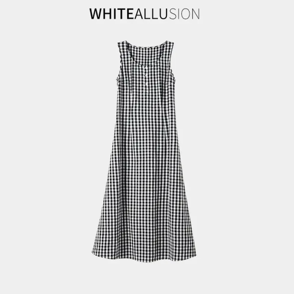 25年夏季新款黑白格子无袖连衣裙4385