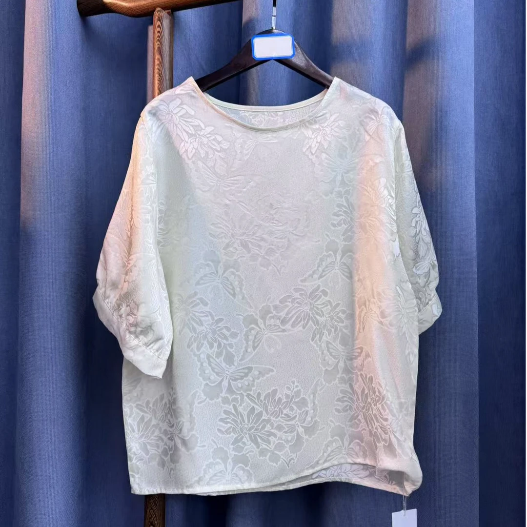2025夏季新款休闲宽松百搭米白色圆领桑蚕丝花萝提花上衣A999