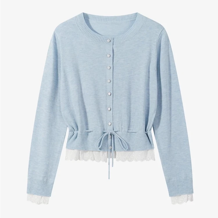 现现-蓝色甜美拼接蕾丝边毛针织衫千金风收腰开衫Y50248220