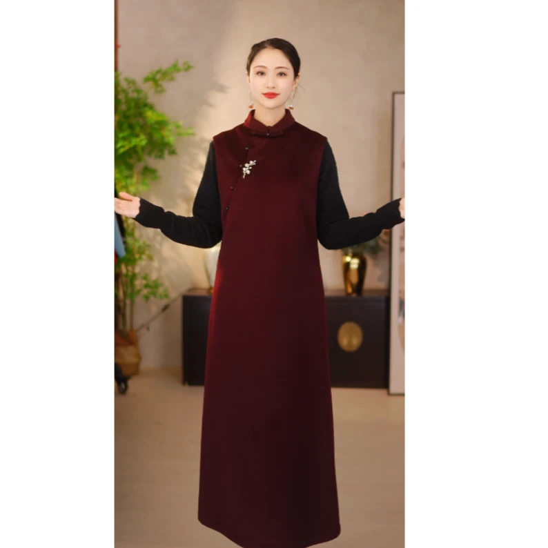 2024款羊绒绵羊毛立领无袖立领新中式背心裙A3766