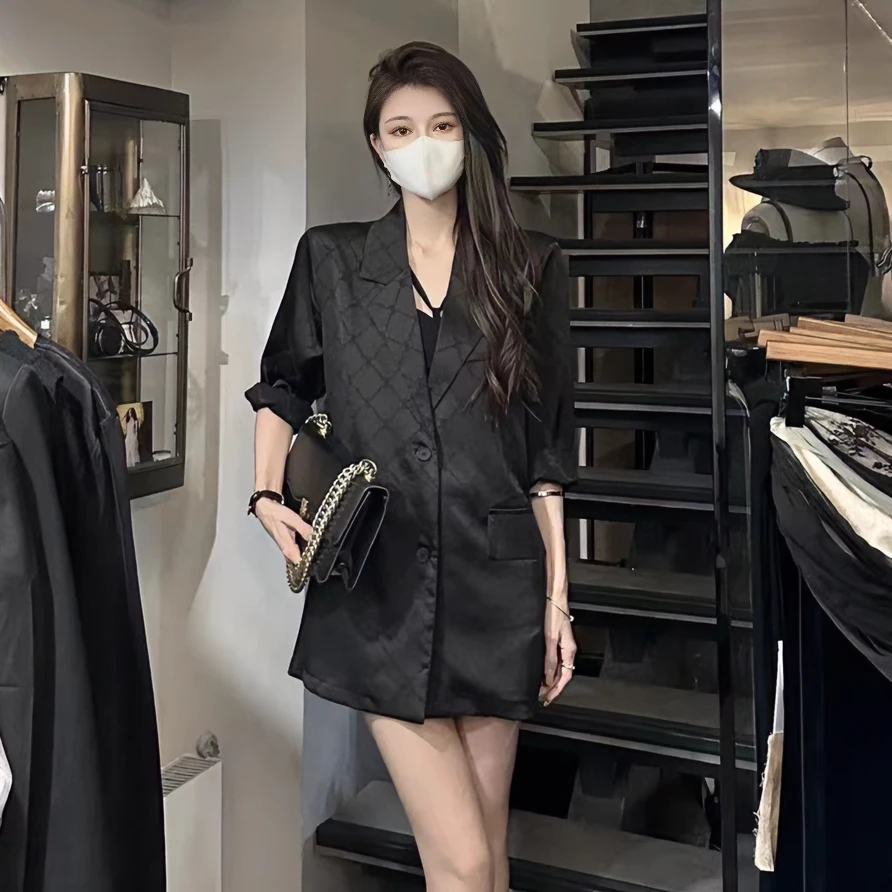 御姐黑色薄款西装外套夏季新款高级气质宽松防晒中长款西服上衣