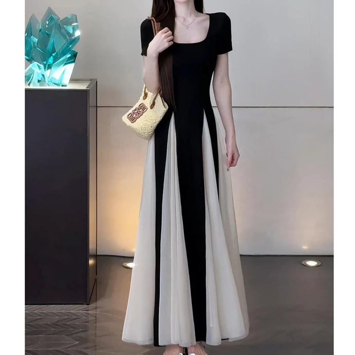 高品质小黑裙长款不褪色方领长裙U领复古拼接拉链小众设计连衣裙