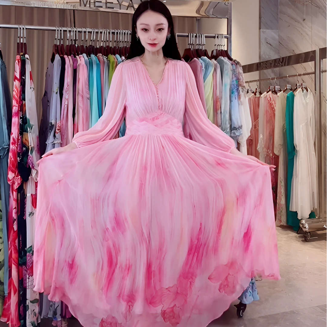 2026妍姐印花时尚设计师夏季走秀气质收腰真丝连衣裙粉花色23128