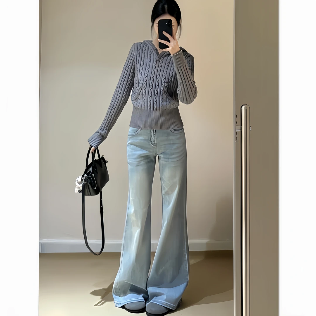 气质一整套ootd穿搭套装女慵懒风针织衫毛衣外套微喇牛仔裤两件套