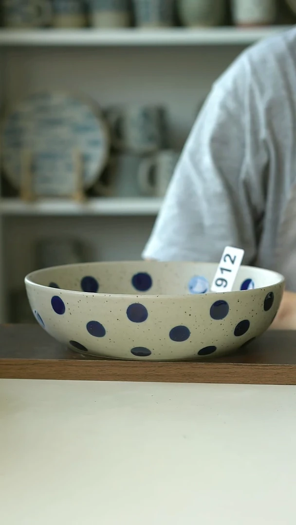 912微瑕粗陶手绘蓝宝石深盘20cm@4-2@