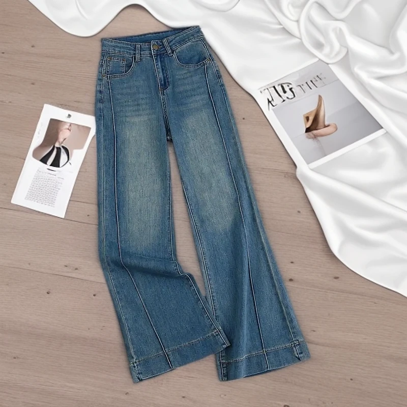 2025新款怀旧蓝丹宁蓝高腰阔腿牛仔裤女时尚宽松百搭微喇牛仔裤