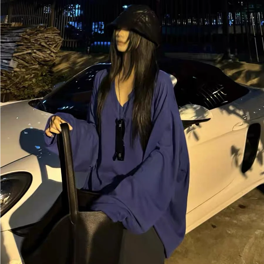 韩系慵懒风大版体恤2025新款春季V领长袖t恤纯色简约百搭宽松打底