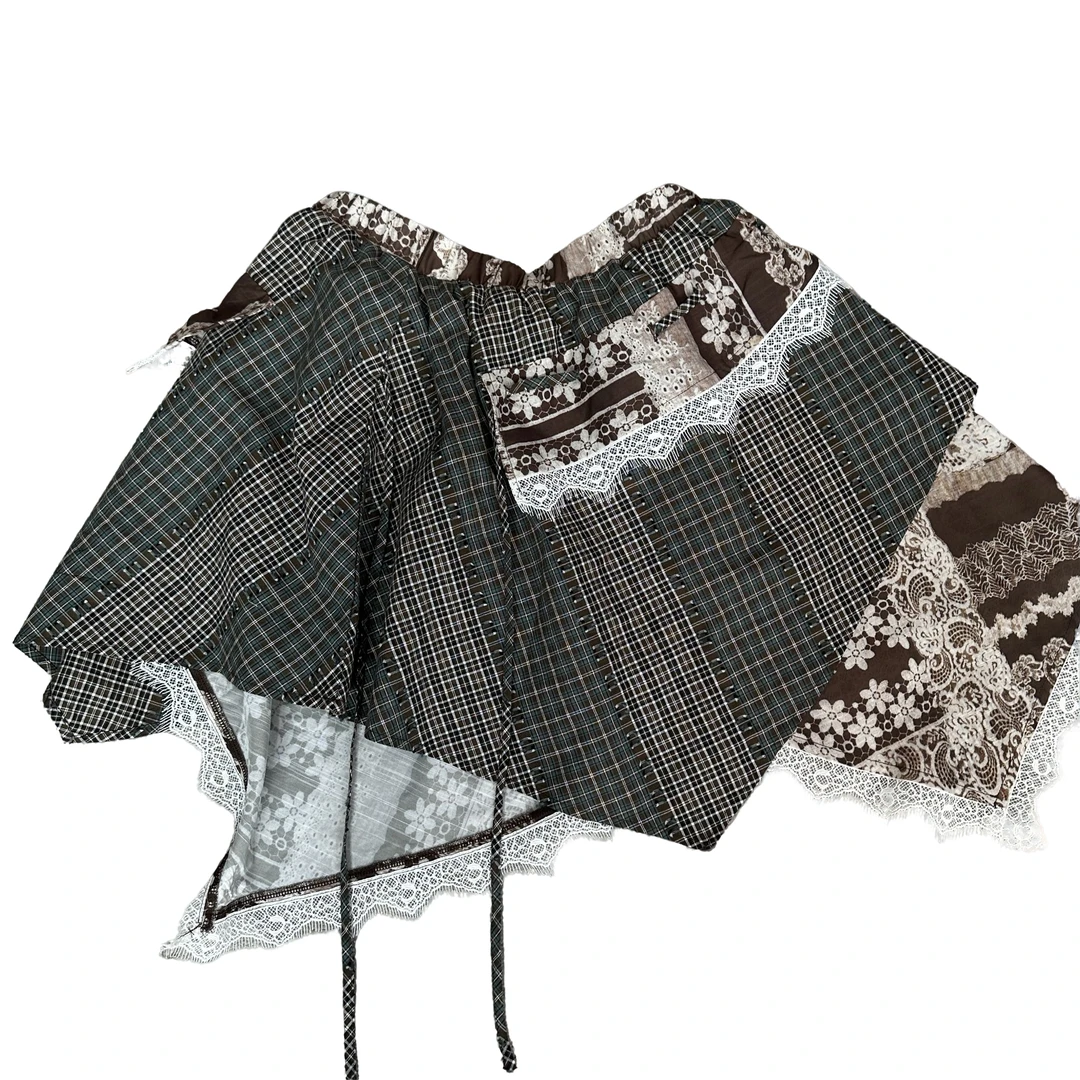 2025夏季层层叠加格子民族风蕾丝不规则拼接裙半身裙NF0505002