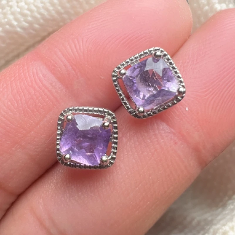 纯天然紫水晶耳钉 巴西紫水晶银耳饰 几何方块气质简约款式时尚