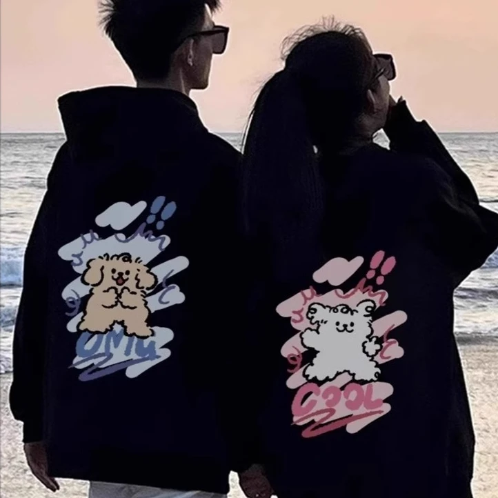 【两件】线条小狗情侣装卫衣2025秋冬季网红disoo纯棉连帽加绒外套