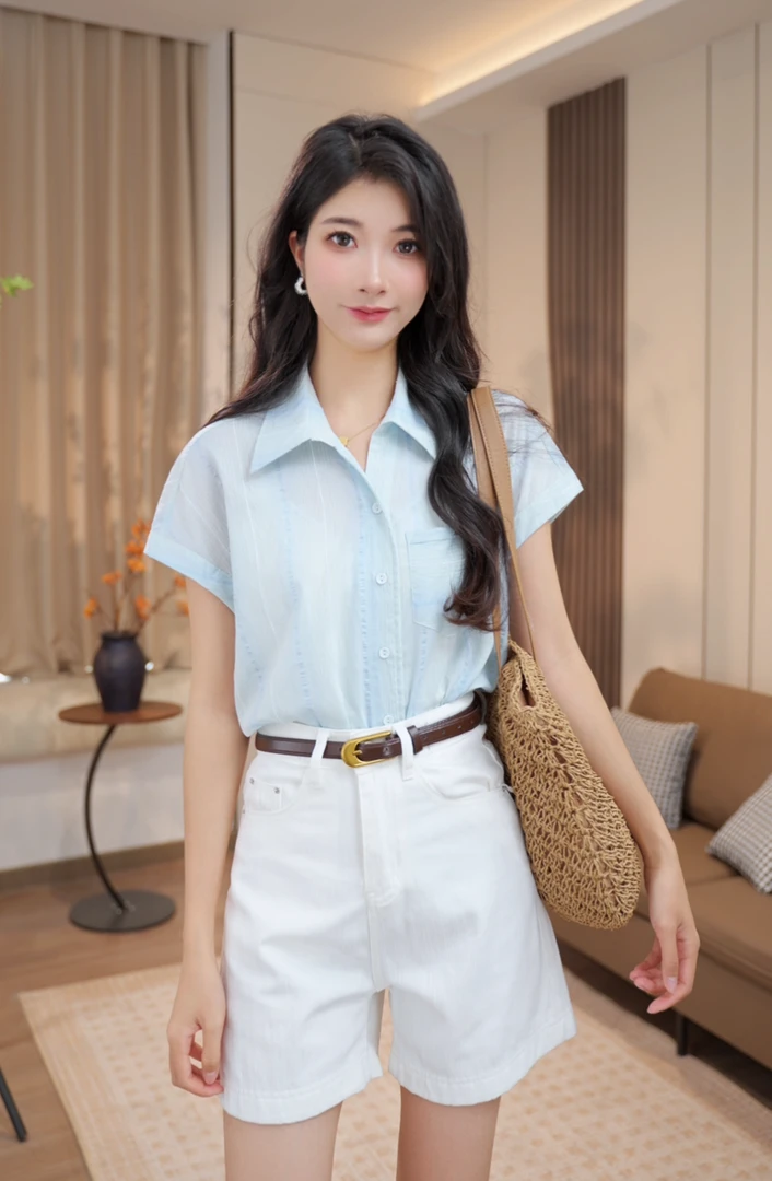 【粤粤】浅蓝色连肩袖衬衫女2025夏天新款设计感竖条纹薄款衬衣