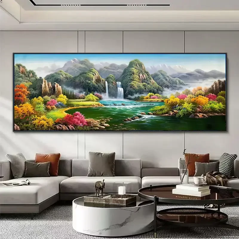 聚宝盆背靠横版挂画风雪山水油画客厅装饰画墙壁办公室现代简约