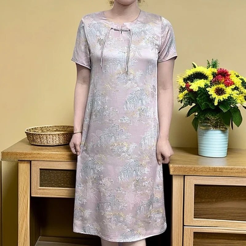 【国风山水粉】2025夏季妈妈装高端连衣裙气质中年女装优雅过膝长裙