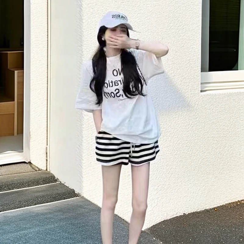 7100番外夏款韩版时尚圆领宽松显瘦百搭短袖T恤+短裤休闲套装女