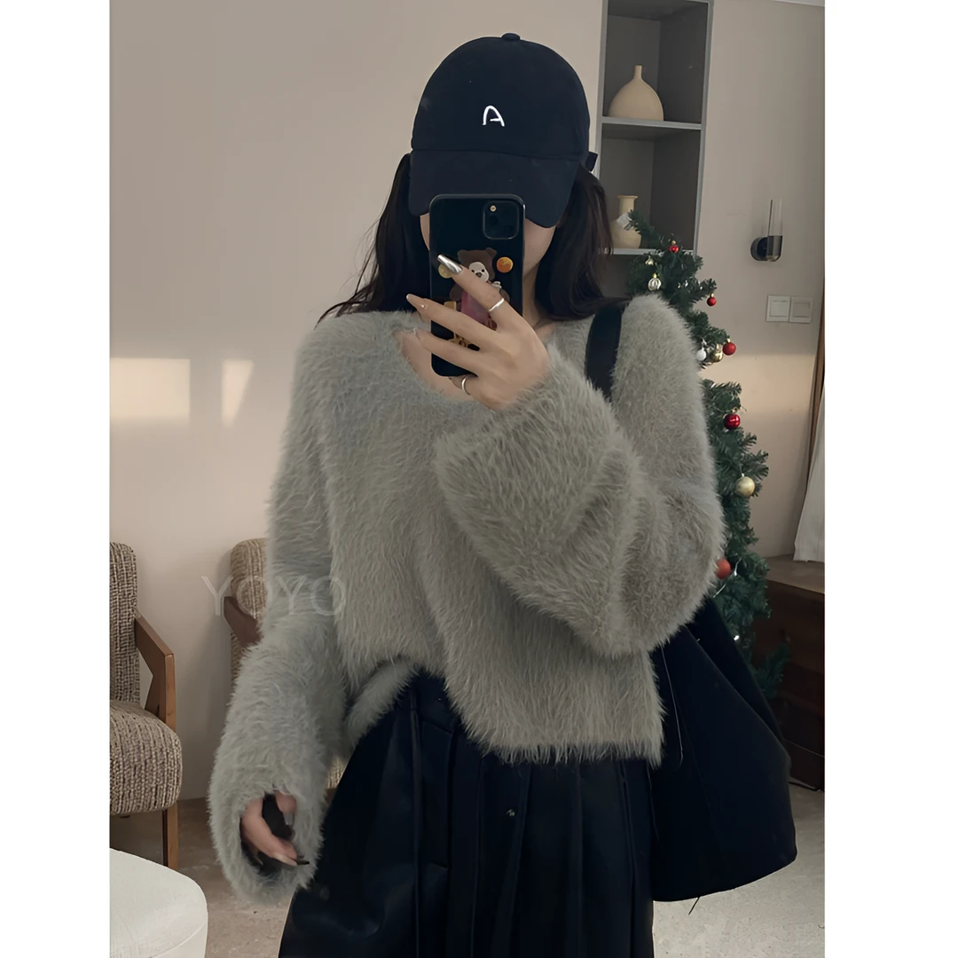 YOYO自制【水貂貂】宽松慵懒风圆领套头设计感长袖上衣毛衣