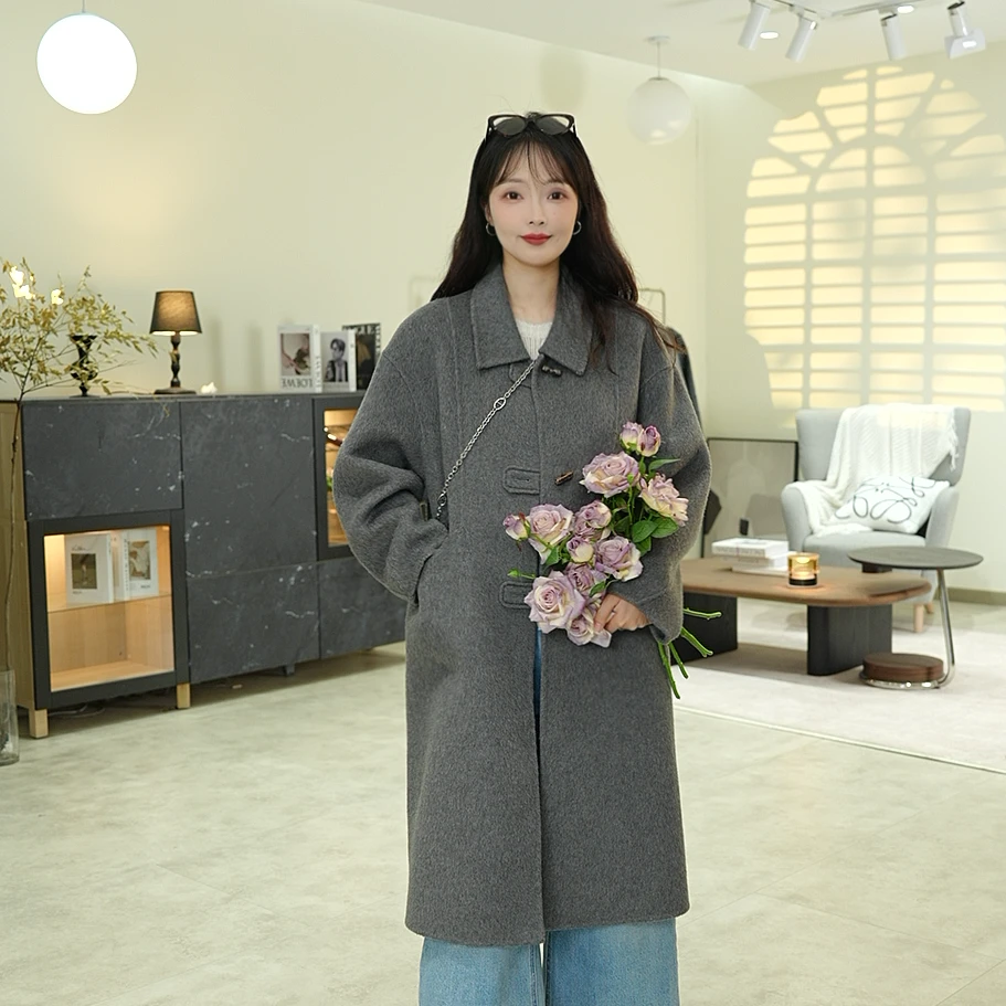 2025秋冬新款加厚牛角扣中长款韩系简约时尚双面羊毛女外套