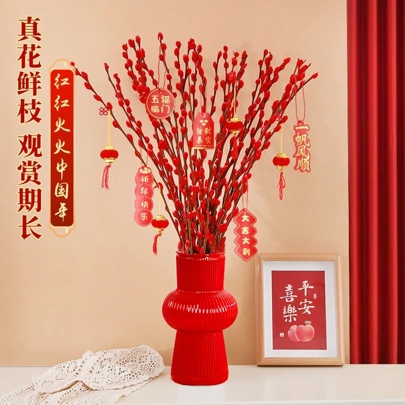 【20枝带花瓶+灯笼挂件】红色招财银柳60-70公分年宵花花卉客厅室内