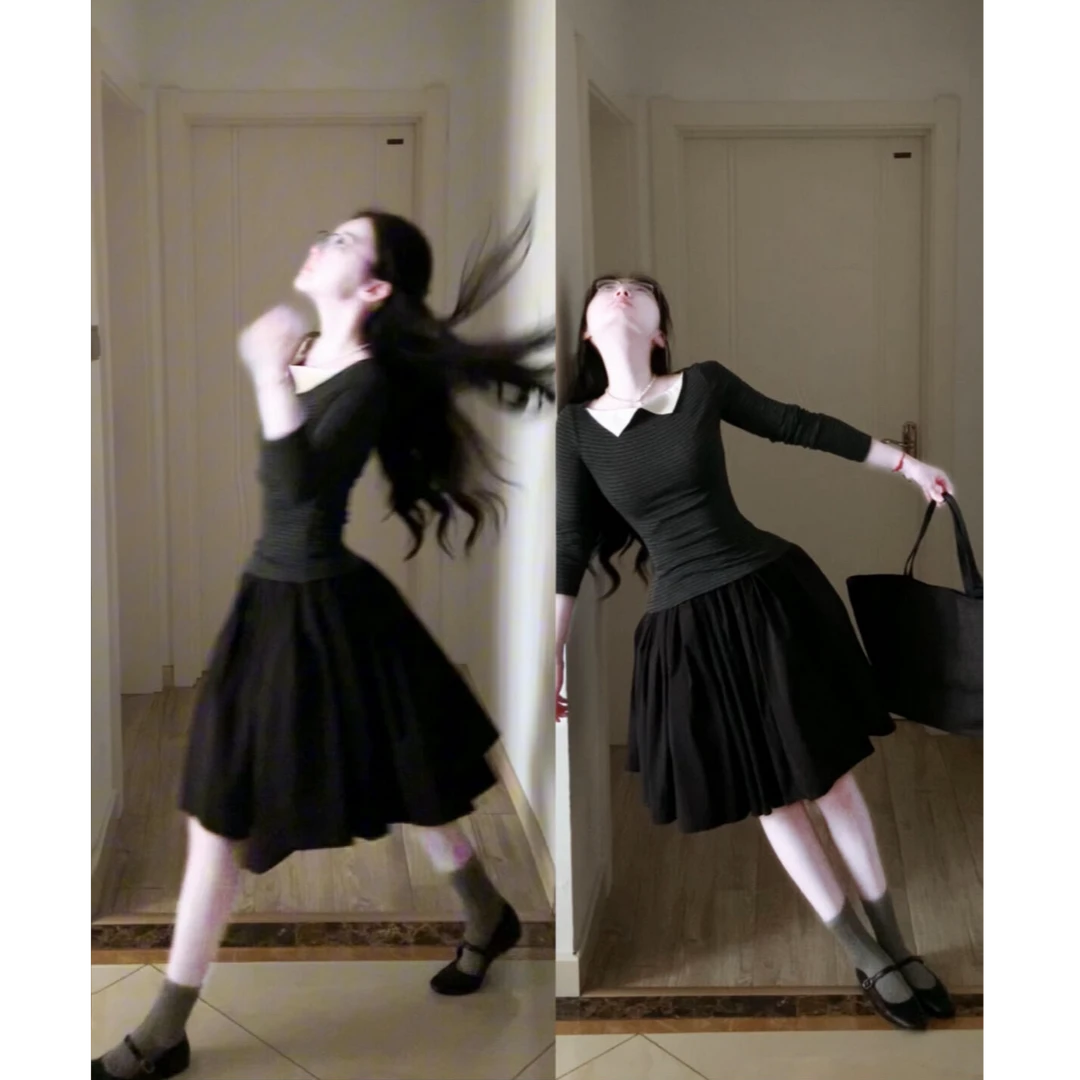 MARIE.COCO韩系复古风撞色假两件长袖针织衫女早秋压褶休闲半身裙