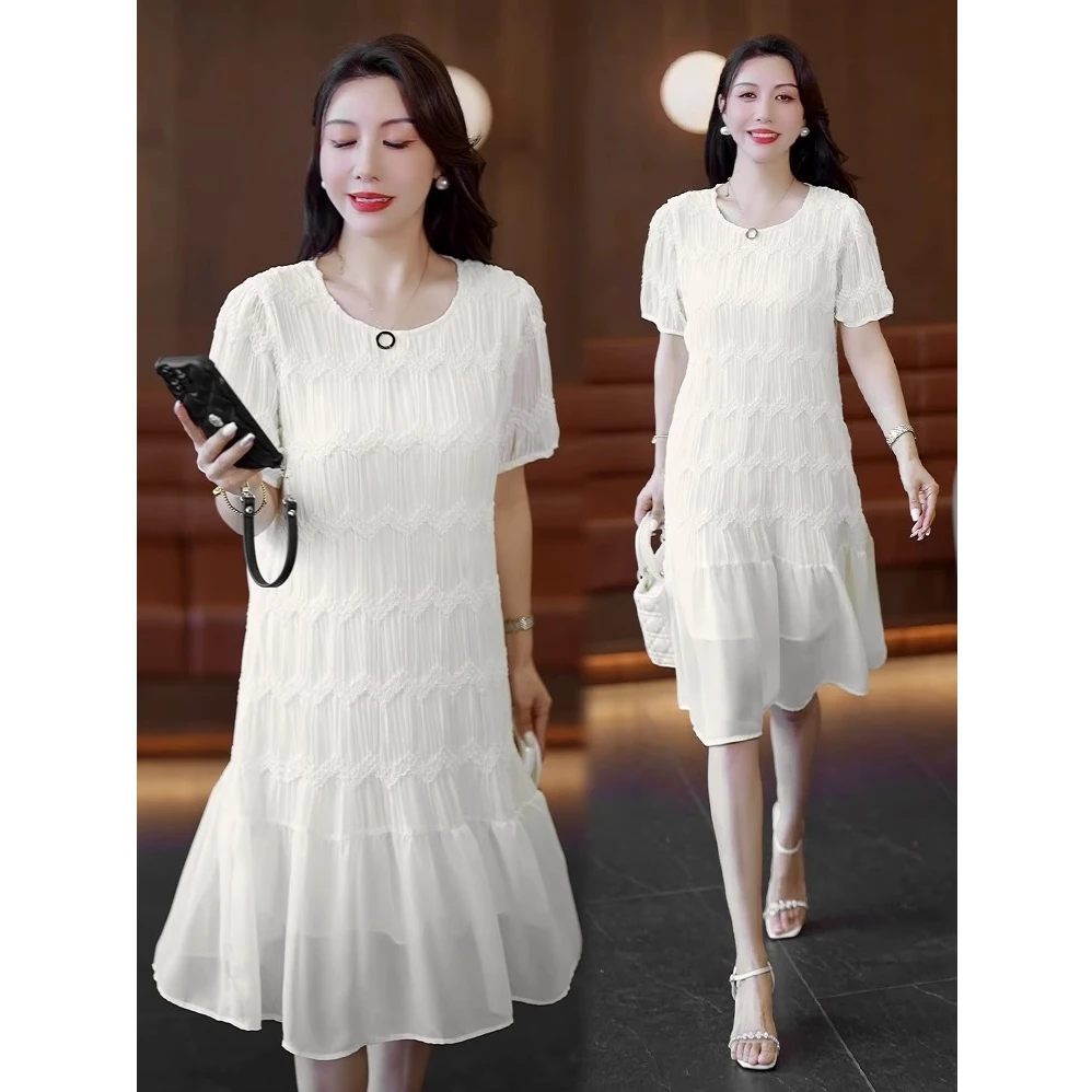 小香风连衣裙女2025夏季新款时髦洋气中长款网纱拼接气质短袖裙子