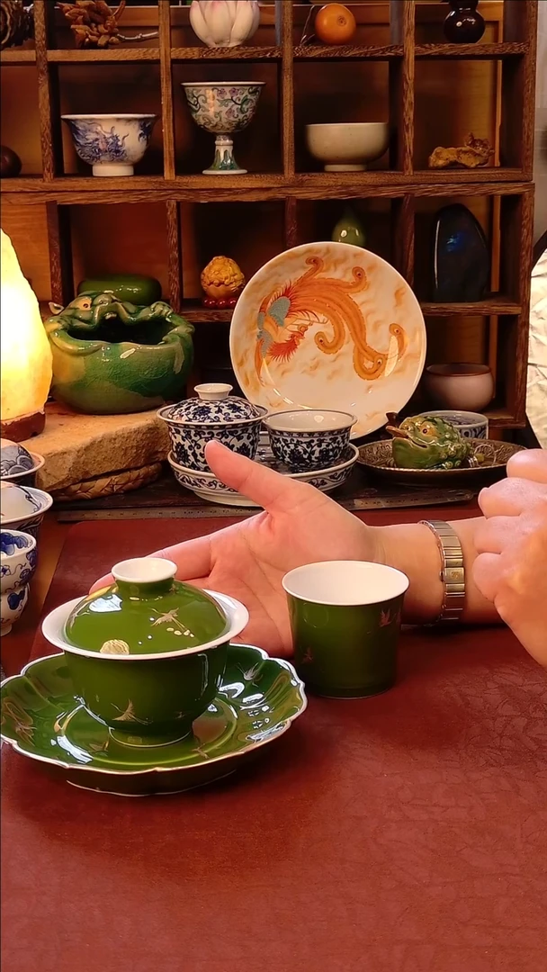 【手工手绘仙鹤帝王绿盖碗+壶承+主人杯】
