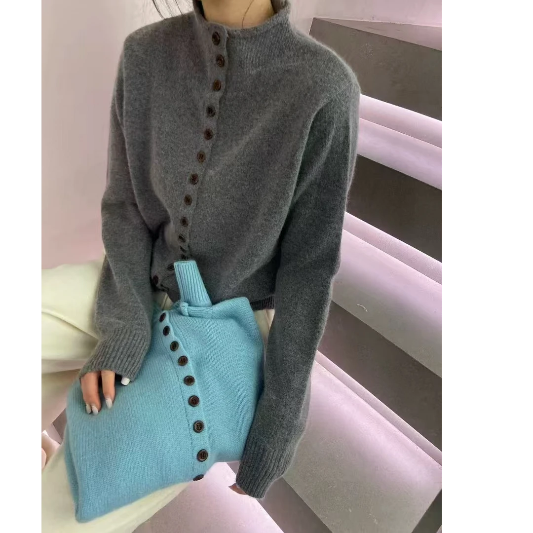 高级灰~绵羊毛半高领长袖针织开衫宽松秋冬单排多扣韩版针织衫