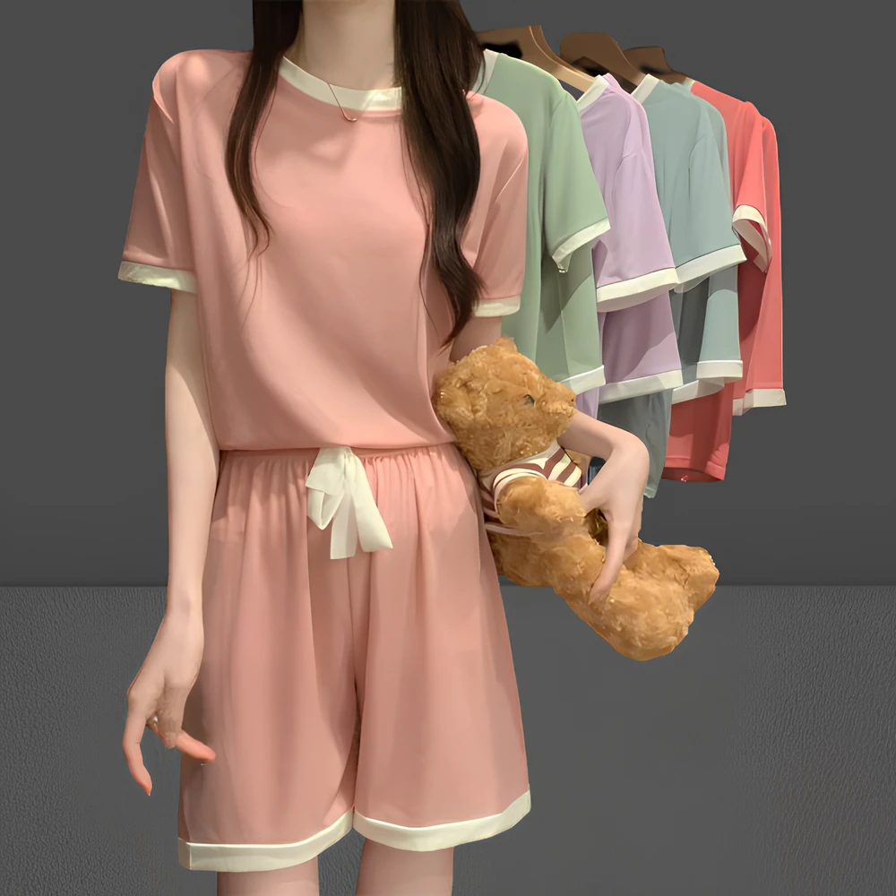睡衣女夏季冰丝套装甜美可爱短袖短裤两件套高颜值薄款家居服外穿