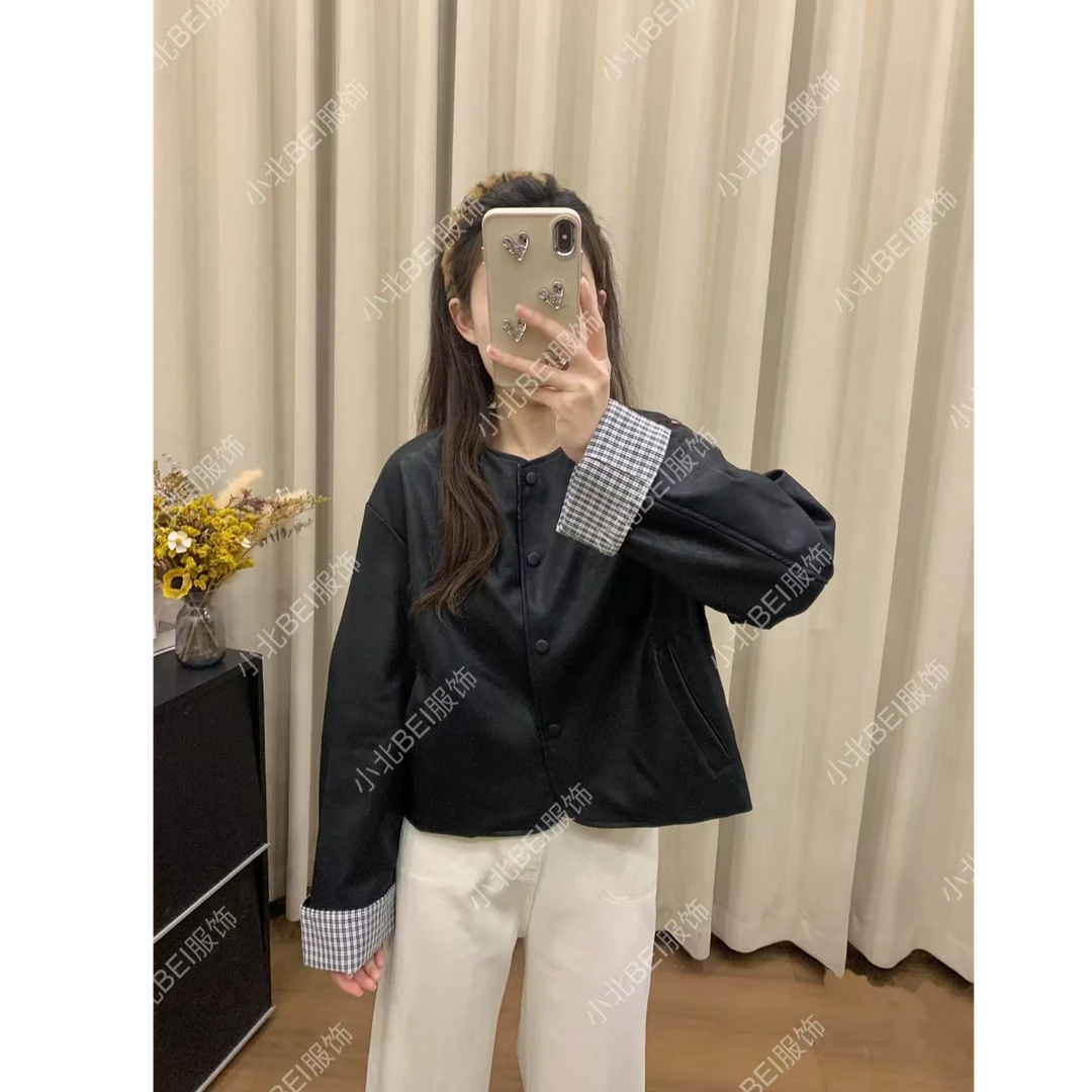 小香风拼接皮夹克 复古撞色设计感上衣 时髦百搭