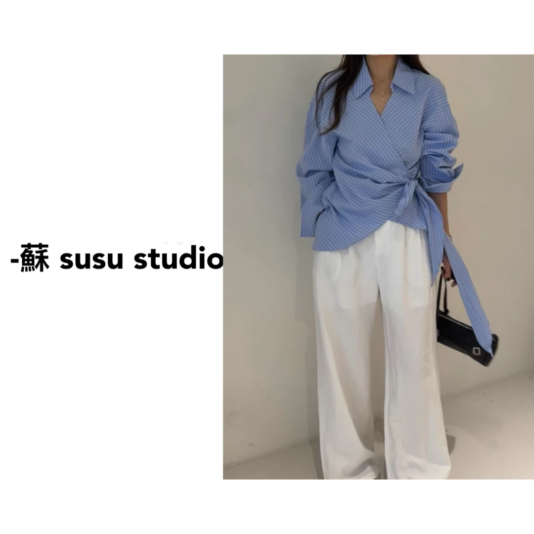 MM韩系白色条纹绑带设计感显瘦衬衫女2025新款不规则上衣XX061