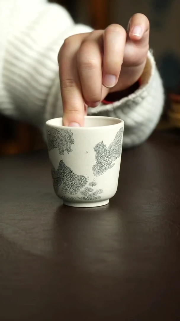 茶杯紫砂39号 孤品炸漏双鱼杯 宜兴紫砂原矿作品