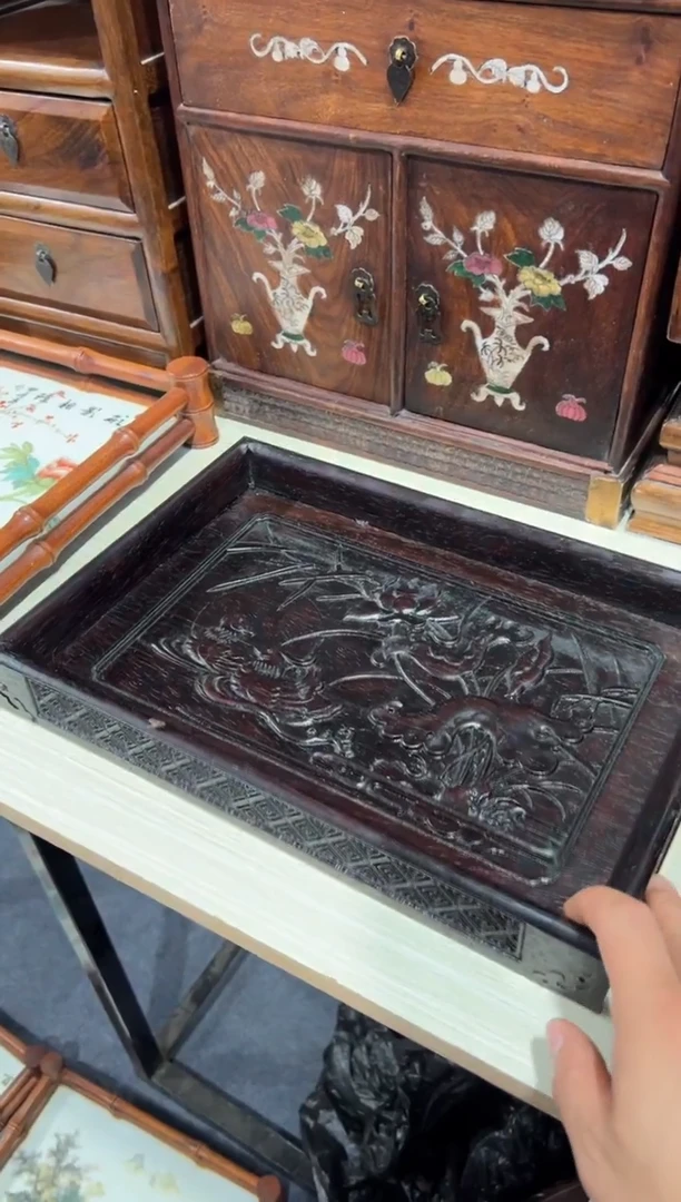 木木 邵氏紫檀雕刻鸳鸯戏水茶盘托盘储物盘