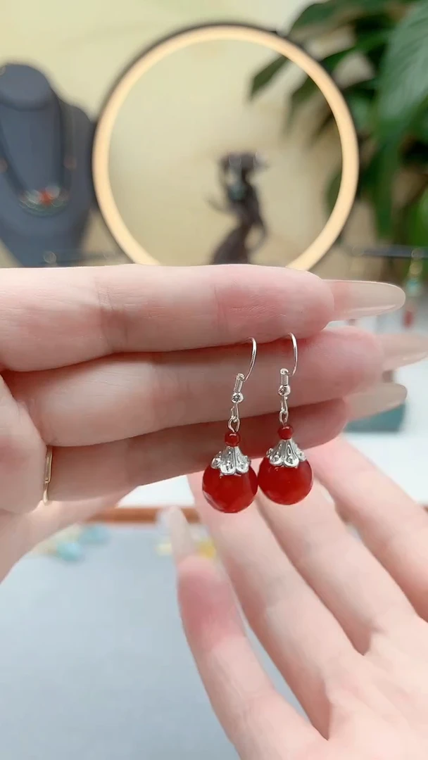 银S925镶嵌耳饰玛瑙/玉髓321红色12