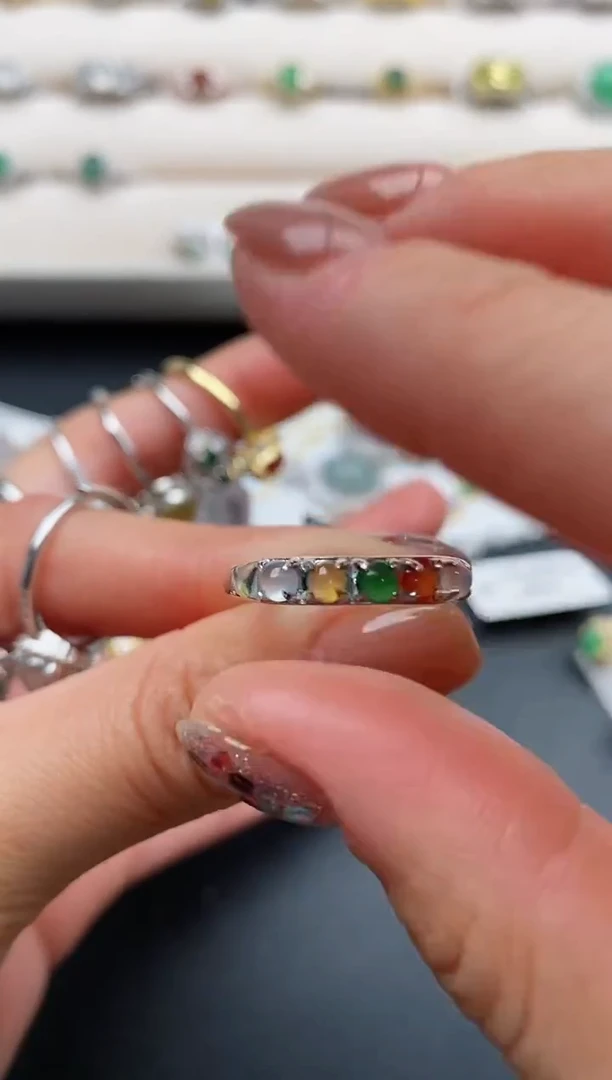 银S925镶嵌戒指翡翠天然缅甸A货翡翠33  8-