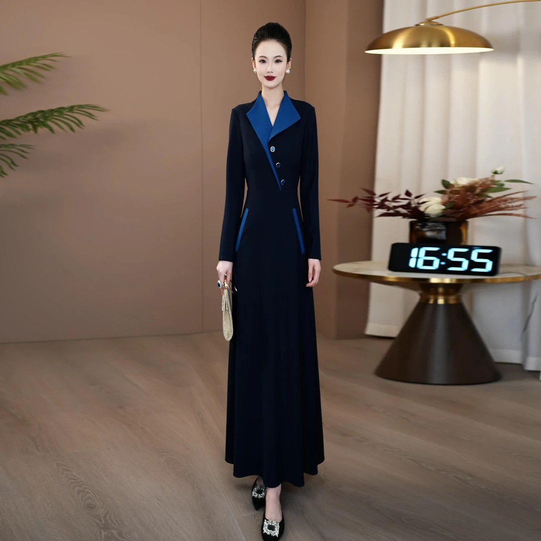 新款连衣裙2025秋季女收腰显瘦时尚撞色气质假领件长裙1047