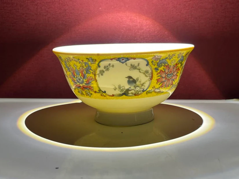 黄色开窗花鸟4.5英寸碗底款景德镇文韵1个装