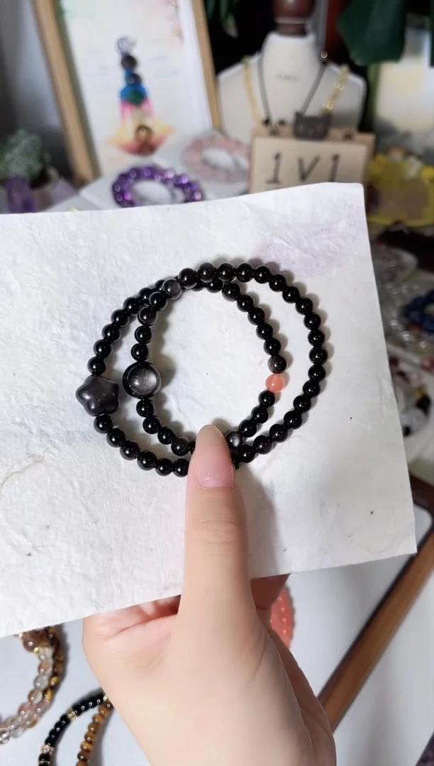 未镶嵌黑曜岩手链双眼银曜多圈6m尺寸