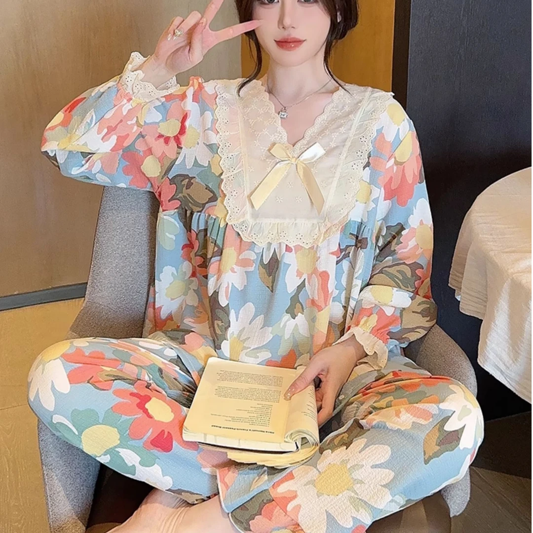 约蒂宾弗睡衣女士春秋款长袖长裤薄款甜美花朵可外穿家居服套装