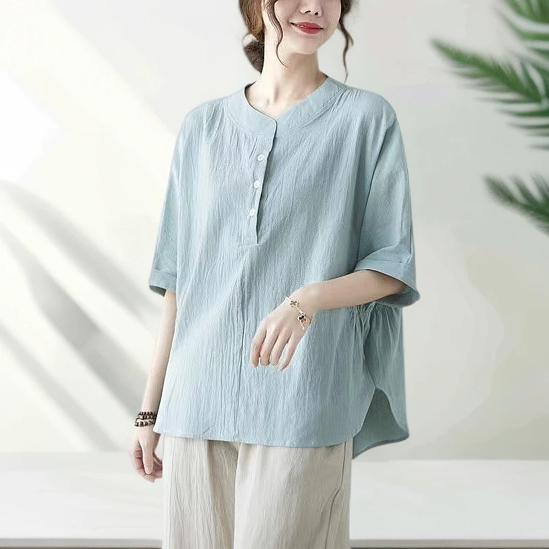 外贸尾单棉麻短袖衬衫女新款妈妈夏装宽松时尚遮肚显瘦洋气上衣服