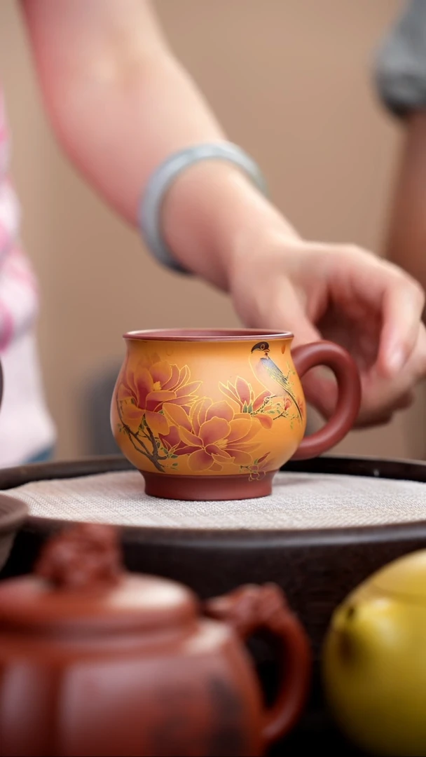 茶壶紫砂黄金段粉浆花鸟手把杯