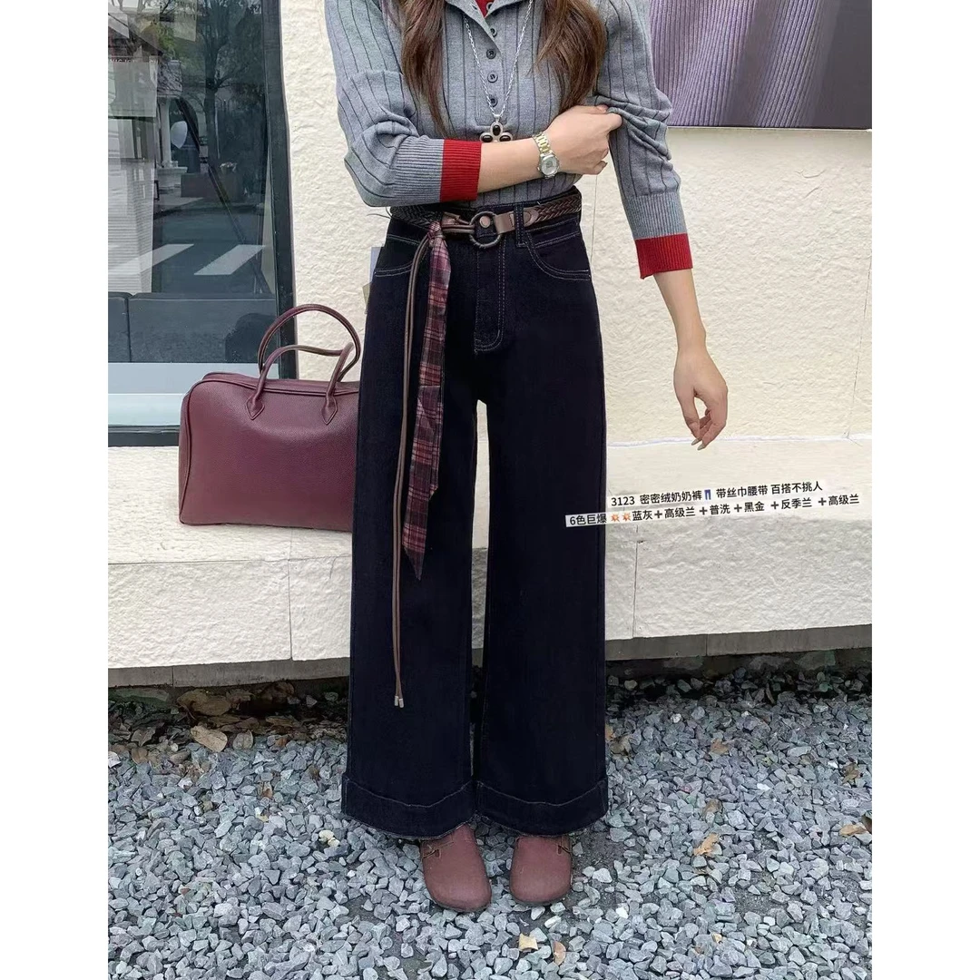 韩系黑金加绒加厚显瘦卷边高腰弹力九分阔腿直筒裤牛仔裤子女3123