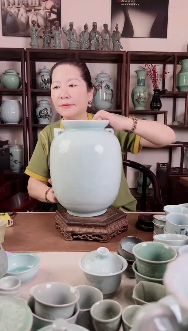 釉中彩 山水画 双耳瓶