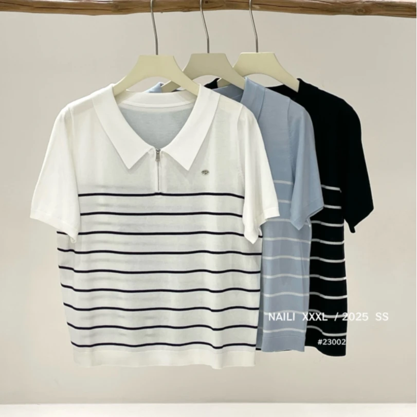 【乃粒】大码POLO衫女显瘦条纹上衣2025夏胖mm宽松针织短袖T恤23002