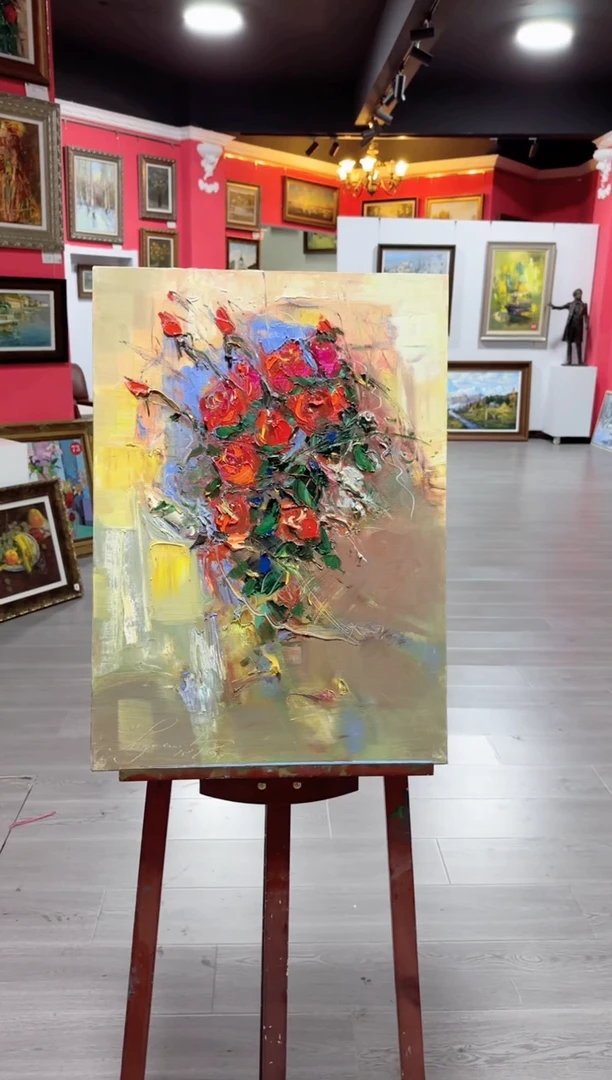 俄罗斯手绘油画作品《红玫瑰 》50*70