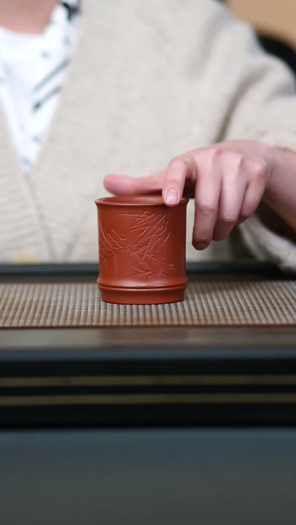 茶壶紫砂朱泥刻绘竹节杯170cc